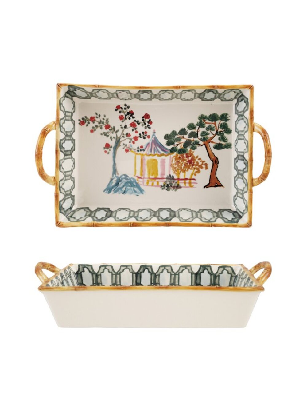 2 Quart Hand-Painted Stoneware Baker with House, Trees, Bamboo Style Edge & Hand